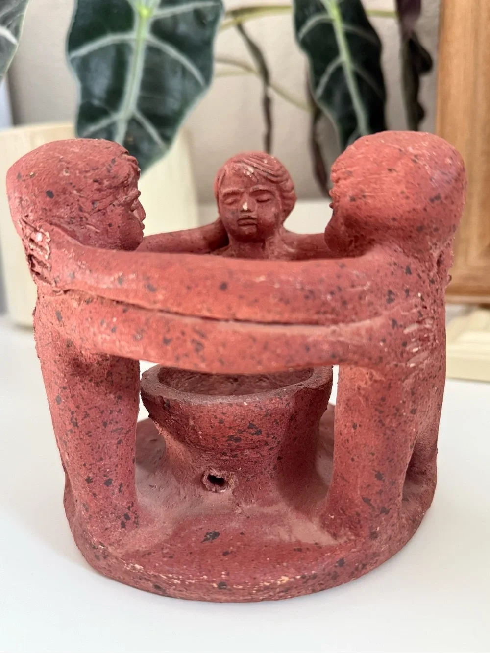 Vintage Red Terracotta Circle of Friends Three Figurine Candle Holder